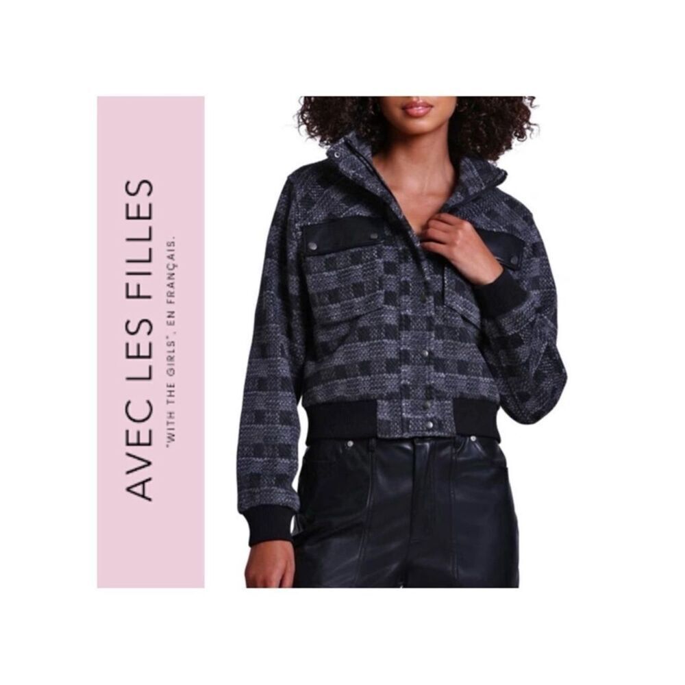 NWT Avec Les Filles Black & Grey Plaid Cropped Bomber Jacket